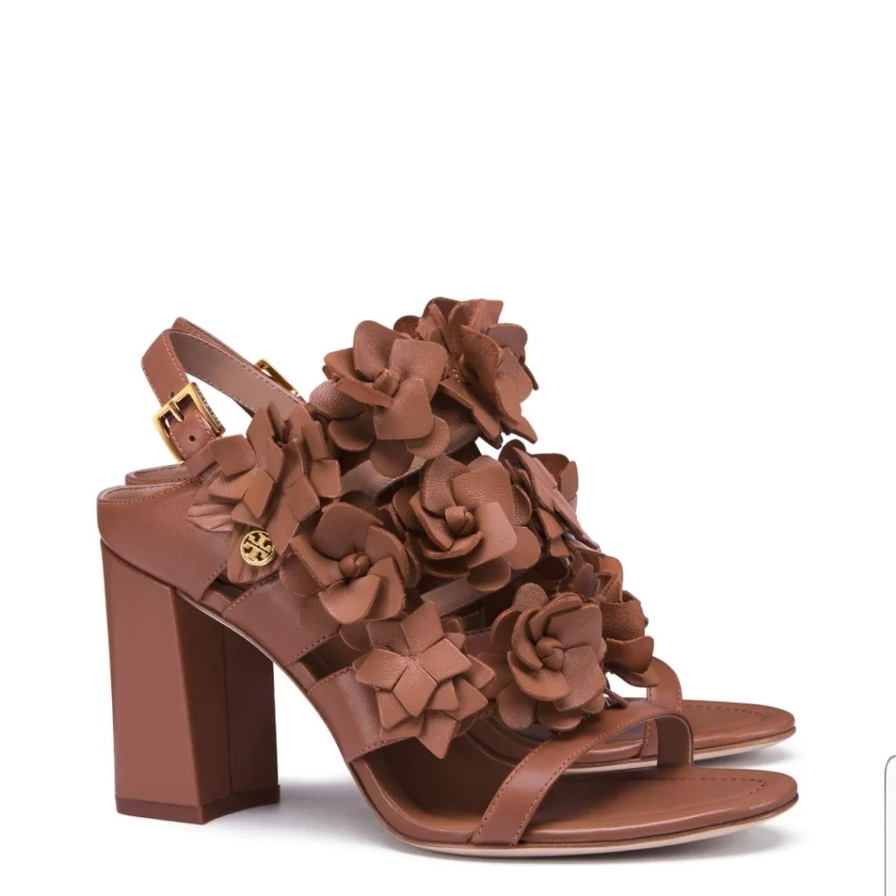 Tory Burch Blossom Floral Heeled Sandals in Royal Tan